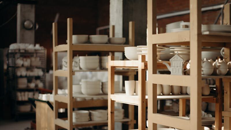 Explore a rustic pottery workshop with handmade ceramics, showcasing bowls, mugs, and teapots on wooden shelves.